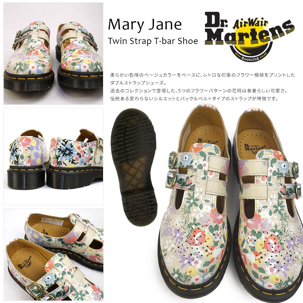 ドクターマーチン メリージェーン フラワー柄 レディース ツインストラップ Tバー レザーシューズ Dr.MARTENS MARY JANE  FLORAL MASH UP BACKHAND