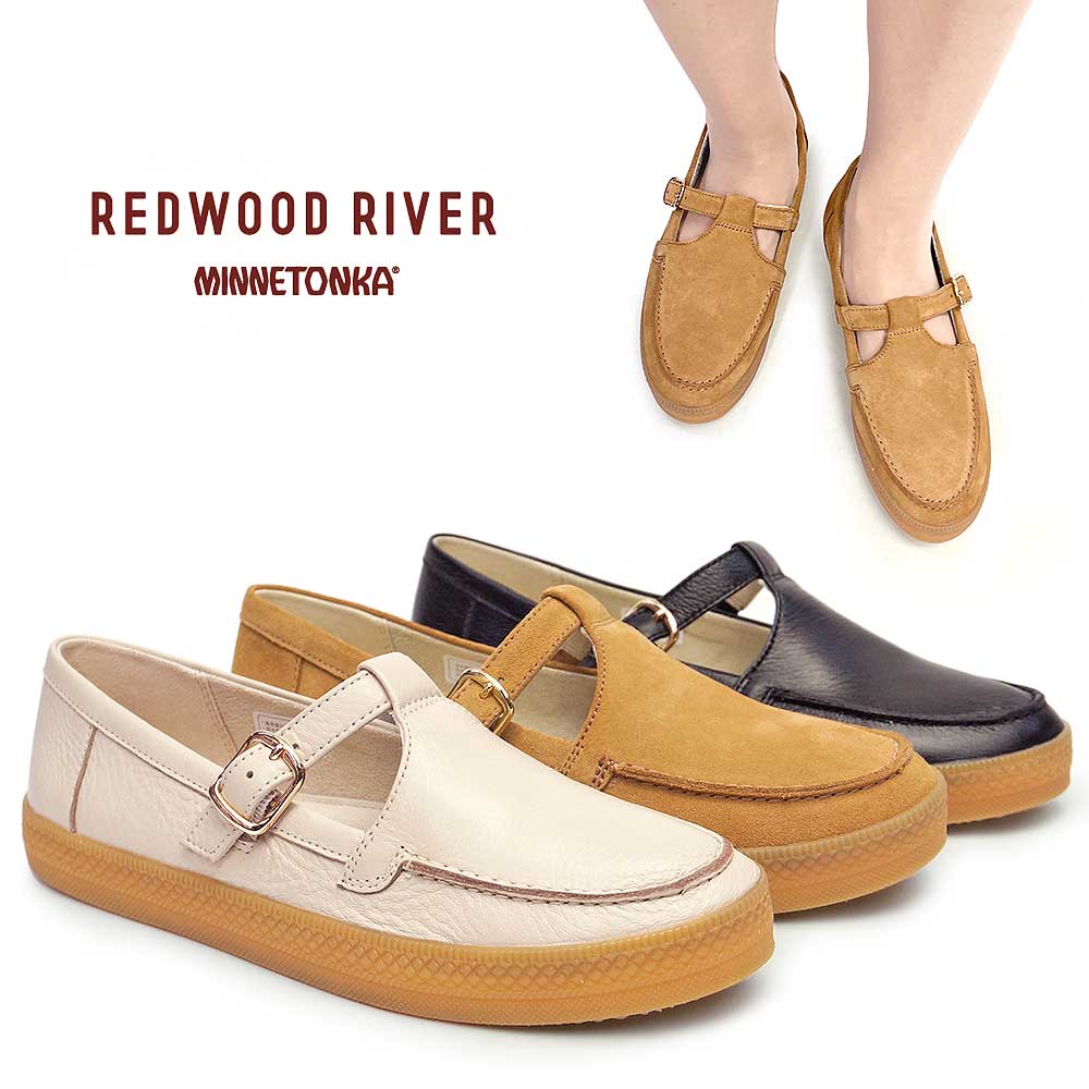 ミネトンカ レディース スリッポン M06C 本革 Tストラップシューズ レザー パンプス 旅行靴 REDWOOD RIVER MINNETONKA  REGAL/BL（ブラック）/22.5cm